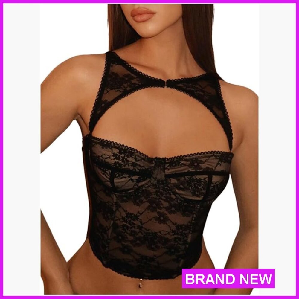 Cut Out Lace Crop Bustier Corset Tank Top Sexy Party Club Y2K